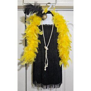 Girls Roaring 20s Flapper Costume Dress Feather Boa Headband Pearls 1920s Kids